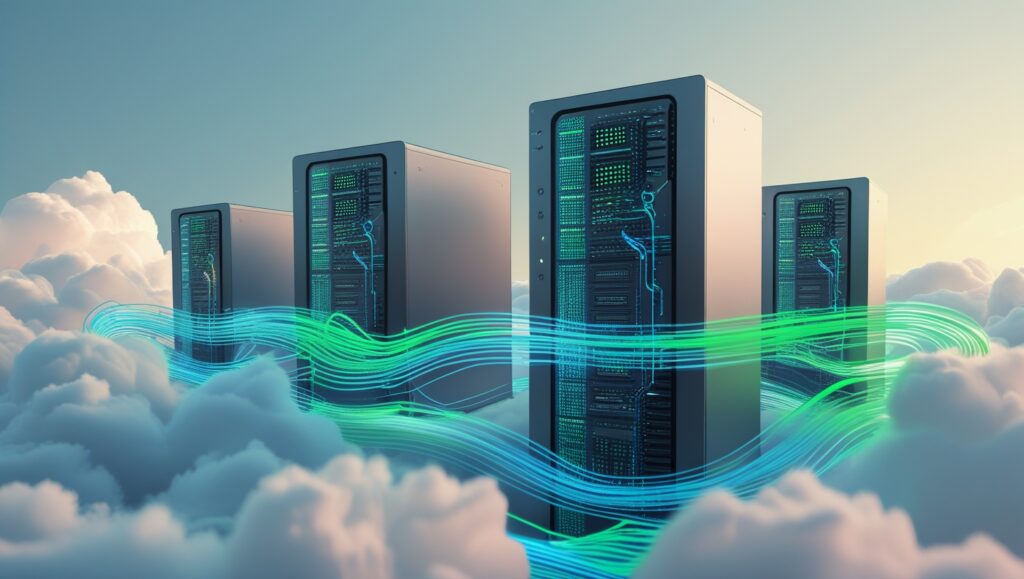 Cloud servers floating in sky, code streams flowing into them – serverless development visualization


