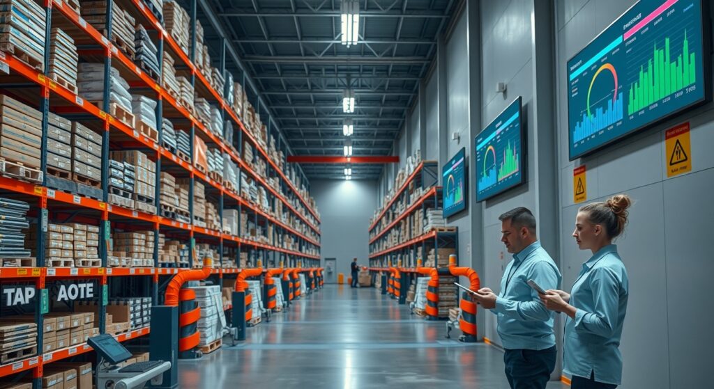 Digital warehouse system with real-time stock tracking, barcode scanning, and automated inventory alerts to avoid stockouts