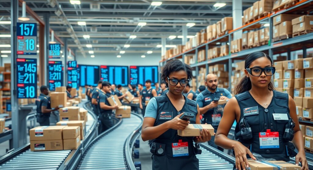 Automated eCommerce fulfillment center with labeled packages, conveyor belts, and live order tracking displays for faster delivery