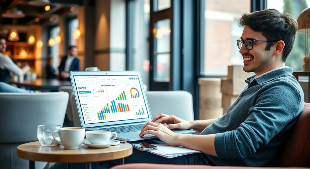 Business owner managing inventory remotely using cloud-based dashboard on laptop and mobile devices from a café