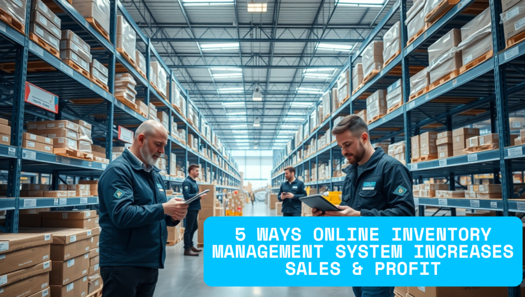 Modern warehouse with smart shelves, female staff using tablets and barcode scanners, in a clean, tech-enabled inventory environment