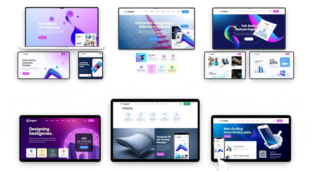 Responsive business website design displayed on laptop and smartphone with light tech background and fast UI animations