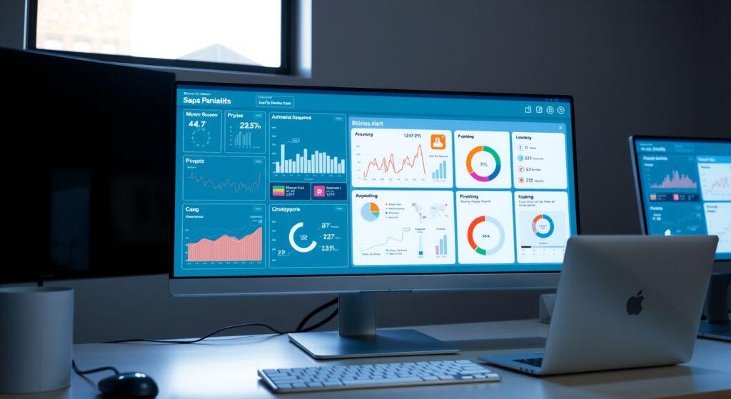 Minimalist tech workspace showing business automation dashboard with data charts, flows, and real-time alerts