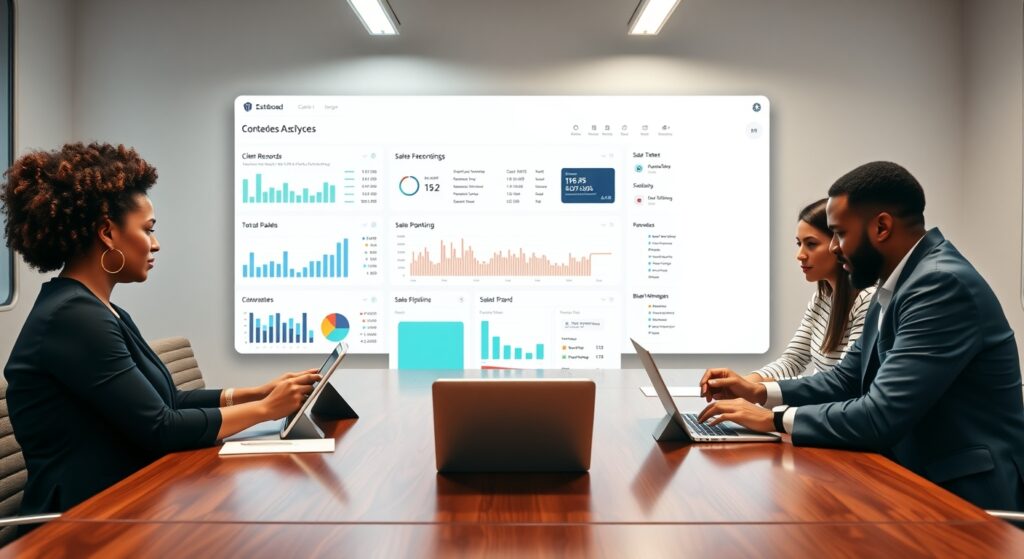 Corporate professionals using custom SaaS software on laptops and tablets with analytics and CRM dashboard on screen