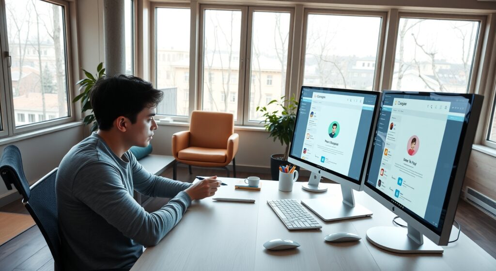 Designers in a creative workspace working on app wireframes and final UI screens using stylus and large monitors
