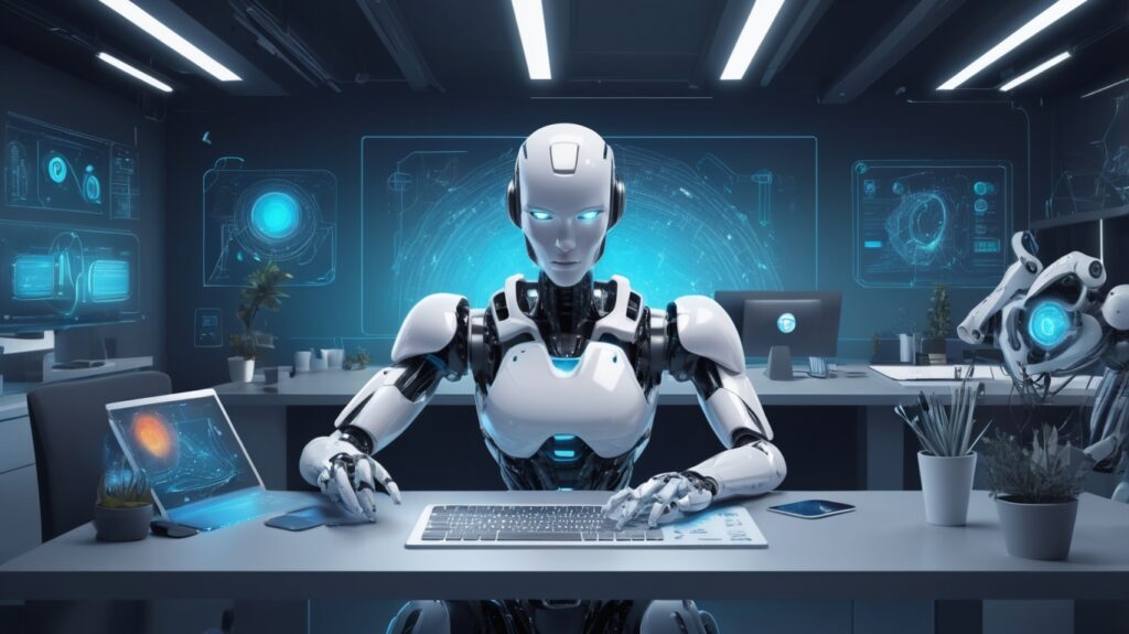 AI-powered website builder with machine learning algorithms generating code and a robotic assistant suggesting UI improvements.