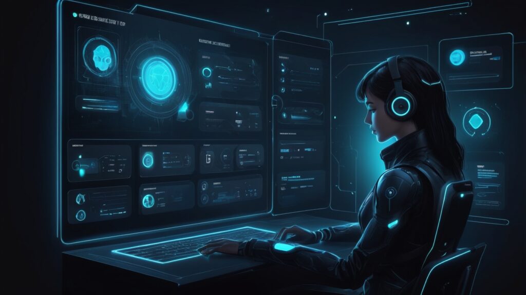 User interacting with futuristic website interface featuring chatbot, personalized dashboard, and smooth navigation in dark mode.