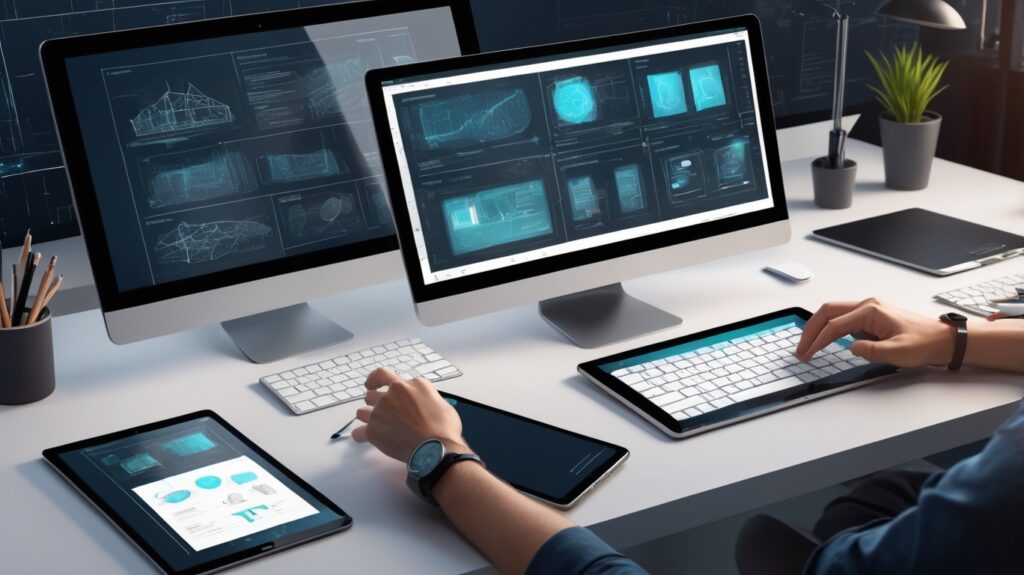UI/UX designer working on responsive website design across smartphone, tablet, and desktop in a modern tech workspace