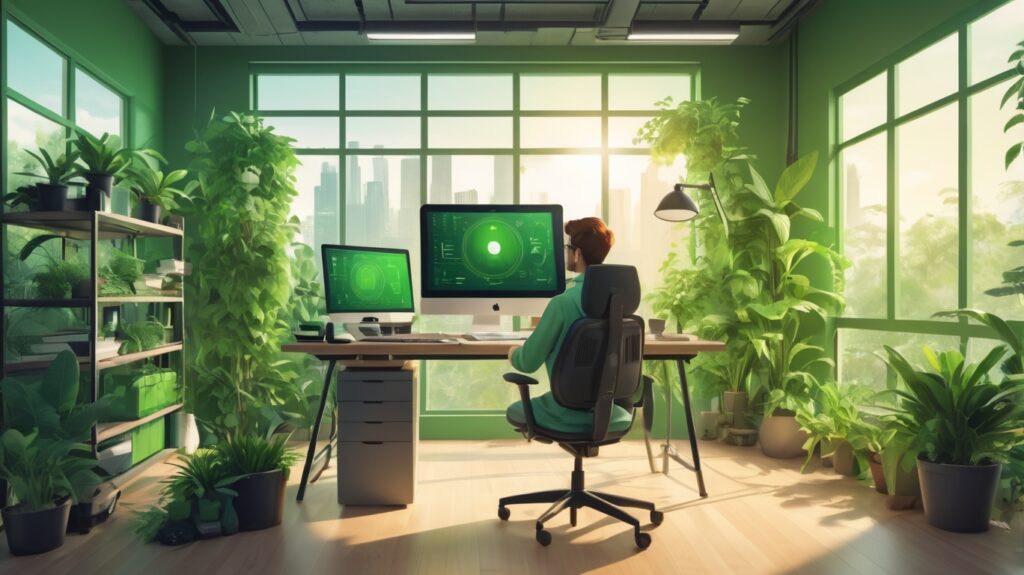 Developer working in eco-friendly tech office with green UI icons, speed optimization tools, and accessibility features for inclusive websites.