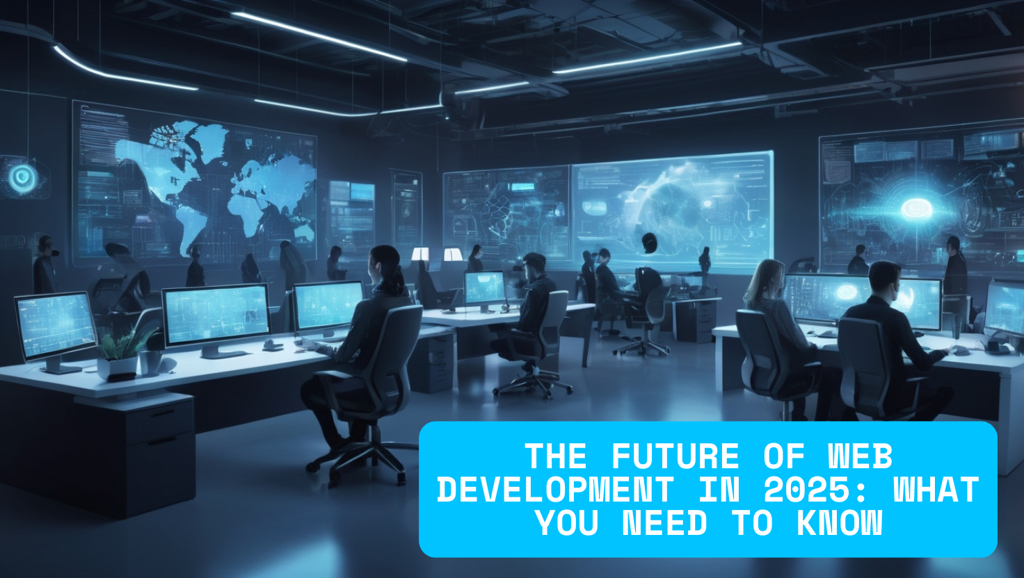 Futuristic digital workspace showing developers collaborating with AI tools, holographic interfaces, and mobile-first web design elements.