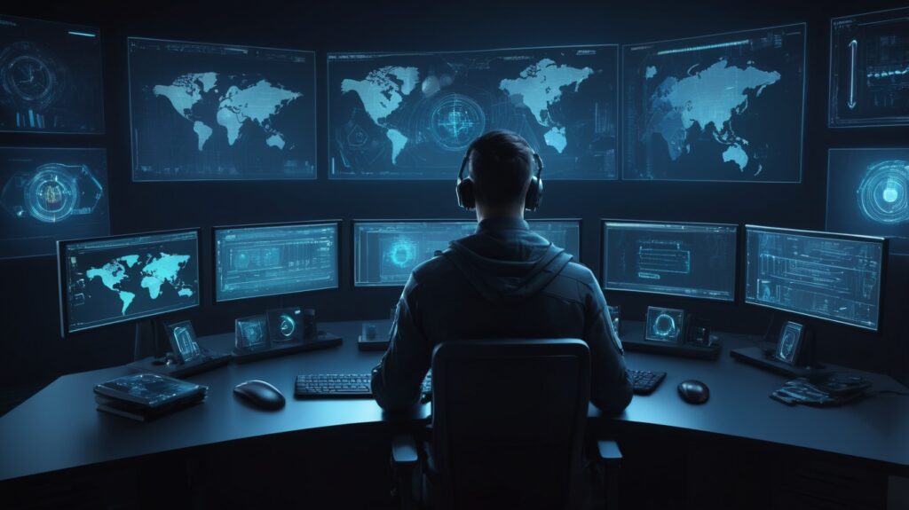 Cybersecurity dashboard showing encrypted data, shield icons, secure login, and a developer monitoring security tools in a command center.