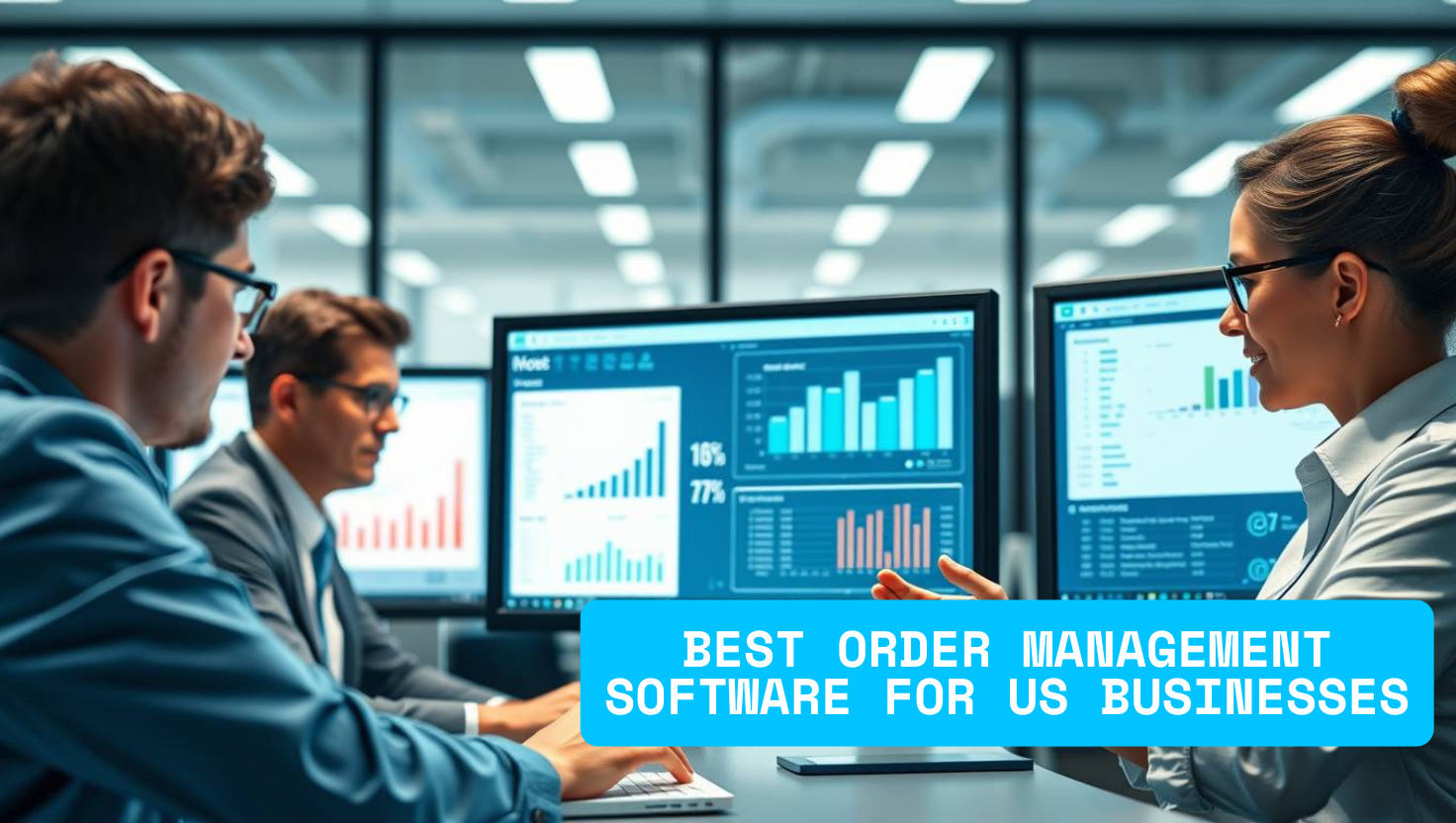 Team using cloud-based order management software dashboard to automate sales and track inventory — US business technology concept.