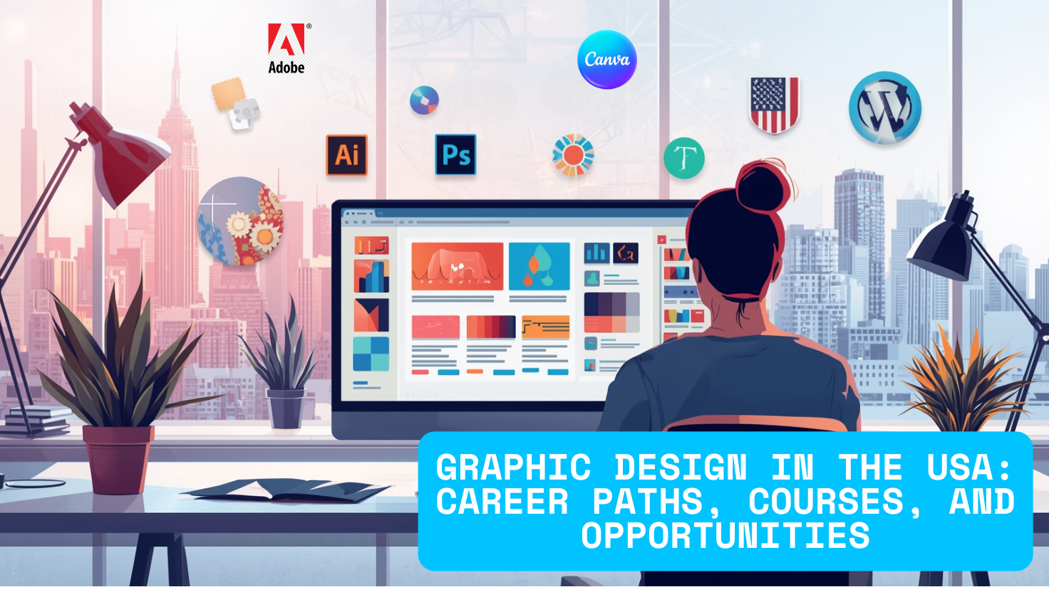 Creative illustration of a graphic designer working in a modern studio with USA city skyline and digital design tools like Photoshop, Illustrator, Canva, and Figma — representing Graphic Design in the USA careers and courses.