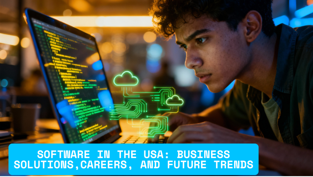 A determined young software engineer working late in a vibrant US co-working space, with green and yellow code reflecting on their face, illustrating high-paying Software Engineer Jobs USA and the future of coding innovation.