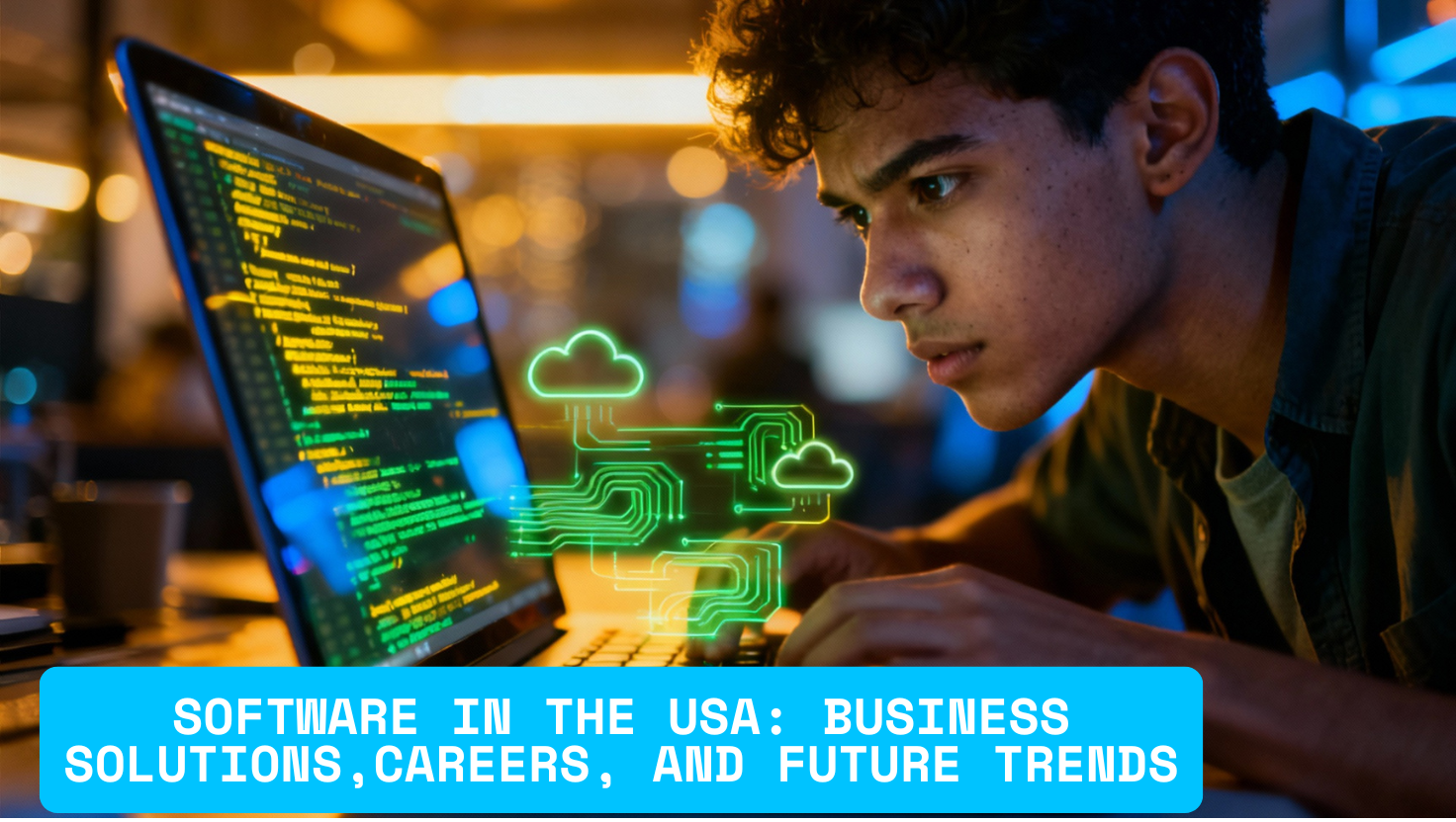 A determined young software engineer working late in a vibrant US co-working space, with green and yellow code reflecting on their face, illustrating high-paying Software Engineer Jobs USA and the future of coding innovation.