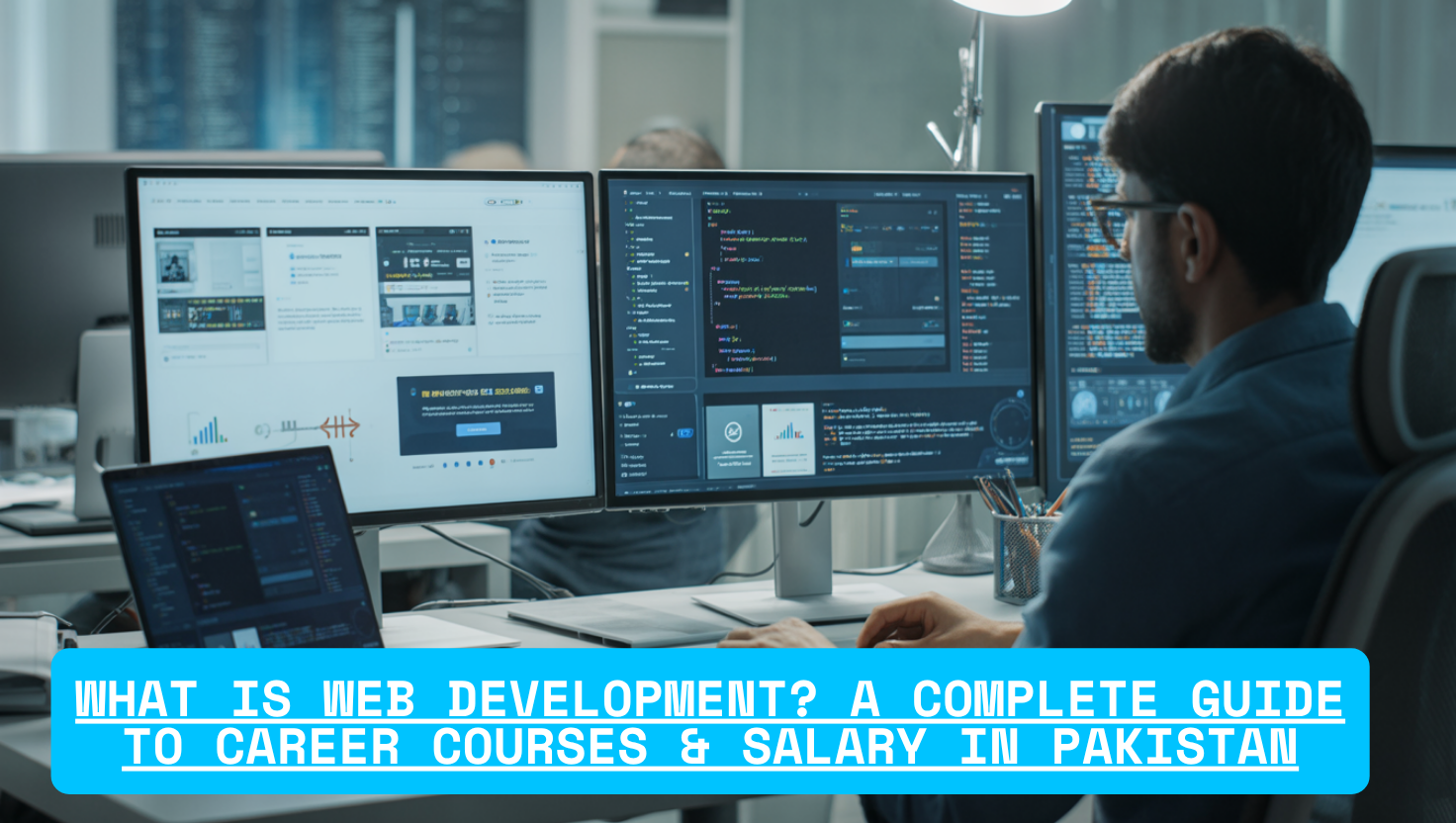 Web developer coding websites on multiple screens showing HTML, CSS, and JavaScript in a modern workspace