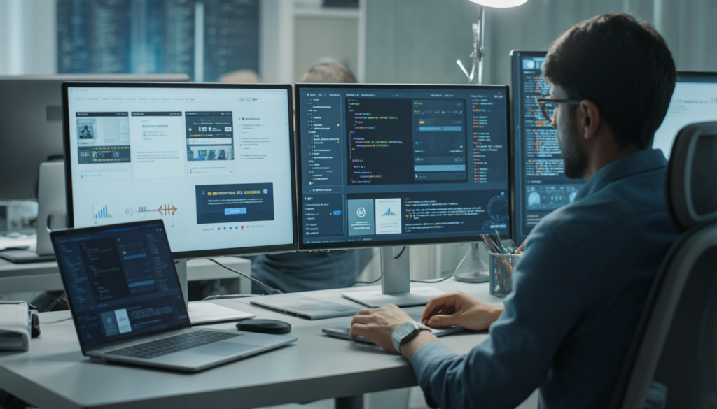 Web developer coding websites on multiple screens showing HTML, CSS, and JavaScript in a modern workspace