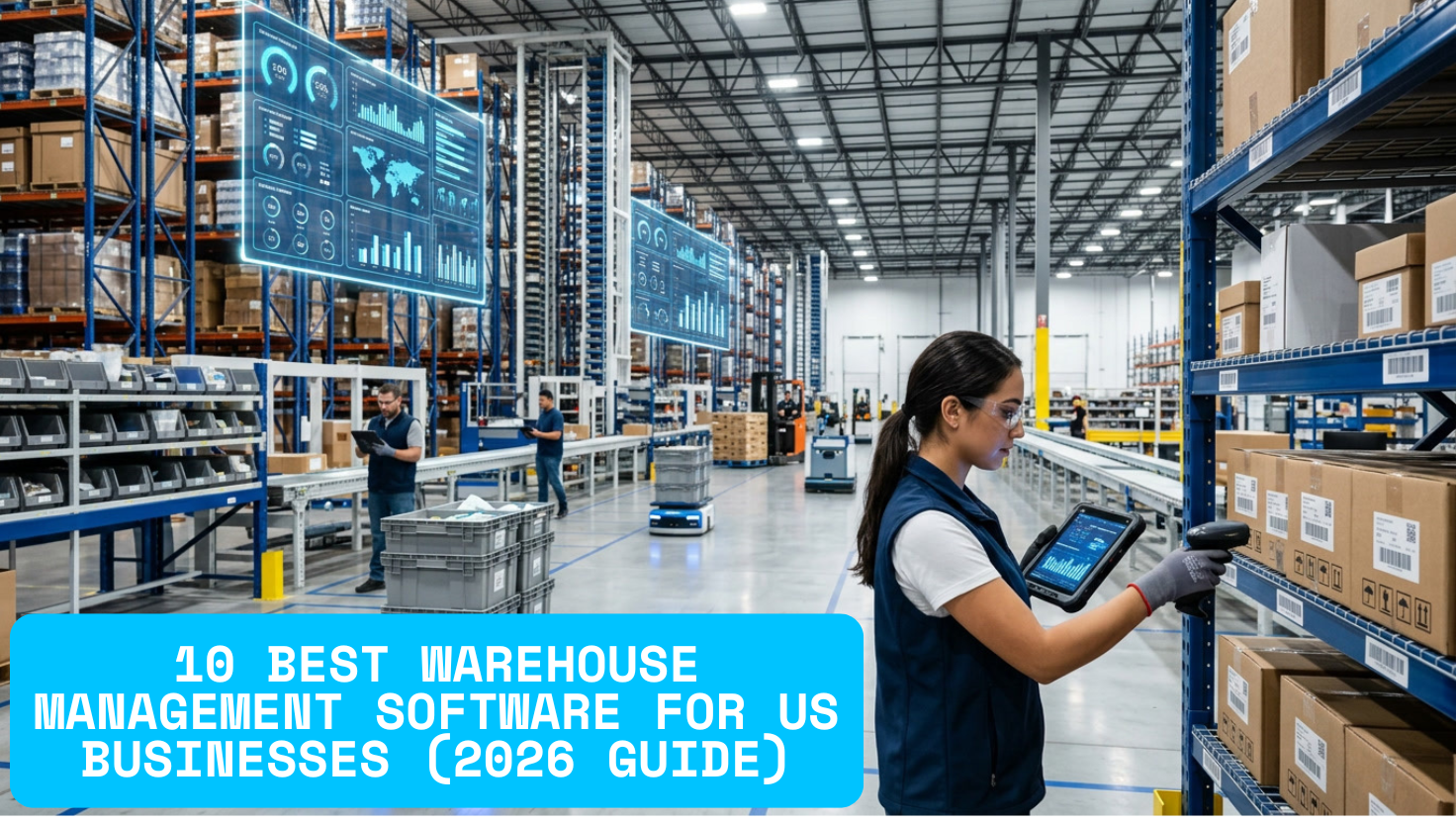 Best warehouse management software for US businesses showing smart warehouse automation, inventory tracking and logistics technology