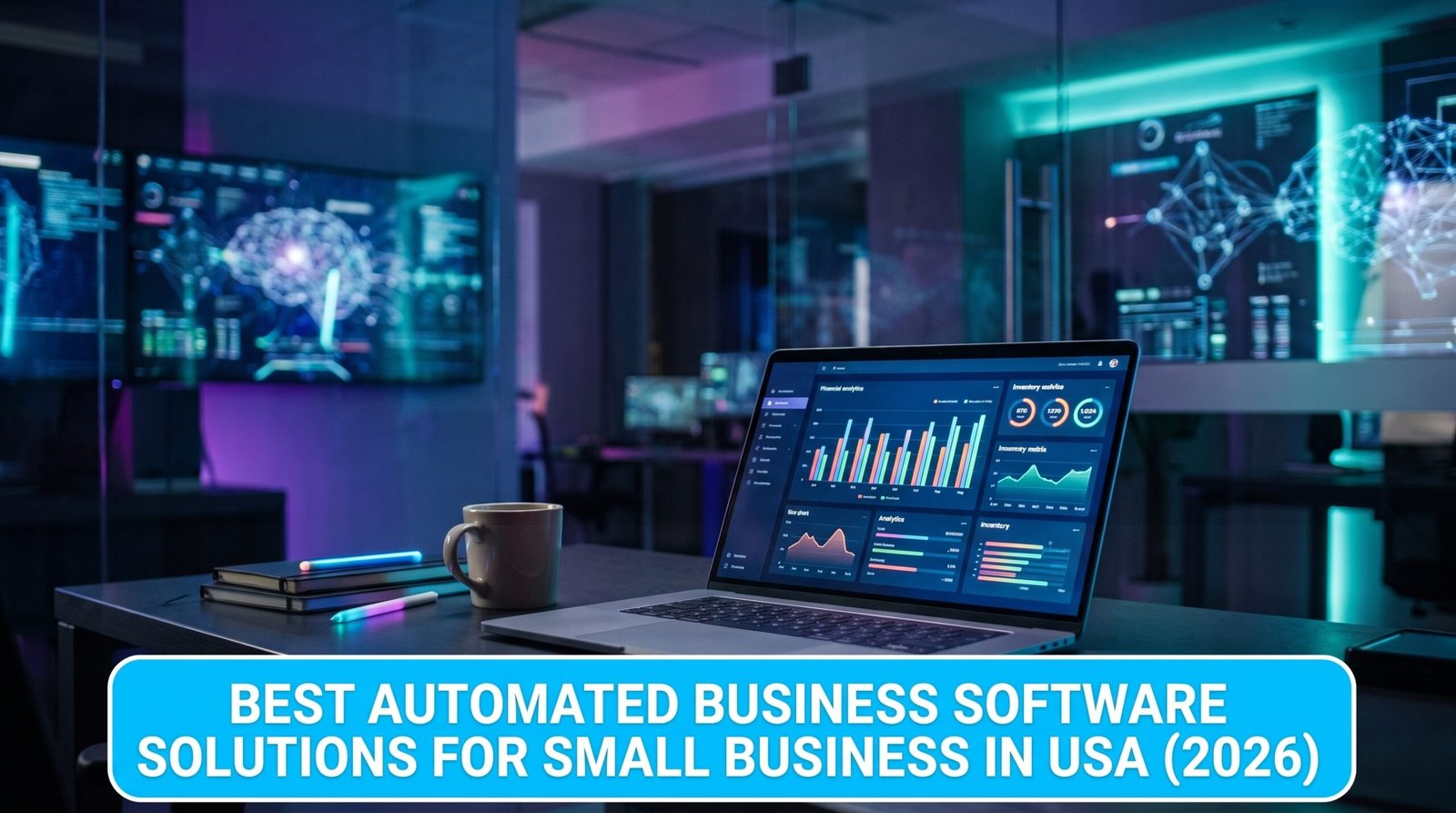 A sleek laptop displaying a financial analytics dashboard with glowing AI networks, representing the best automated business software solutions for small businesses in the USA