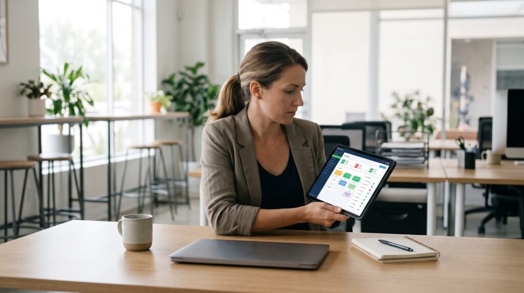 A modern small business owner in the USA reviewing automated supply chain and workflow management software on a tablet